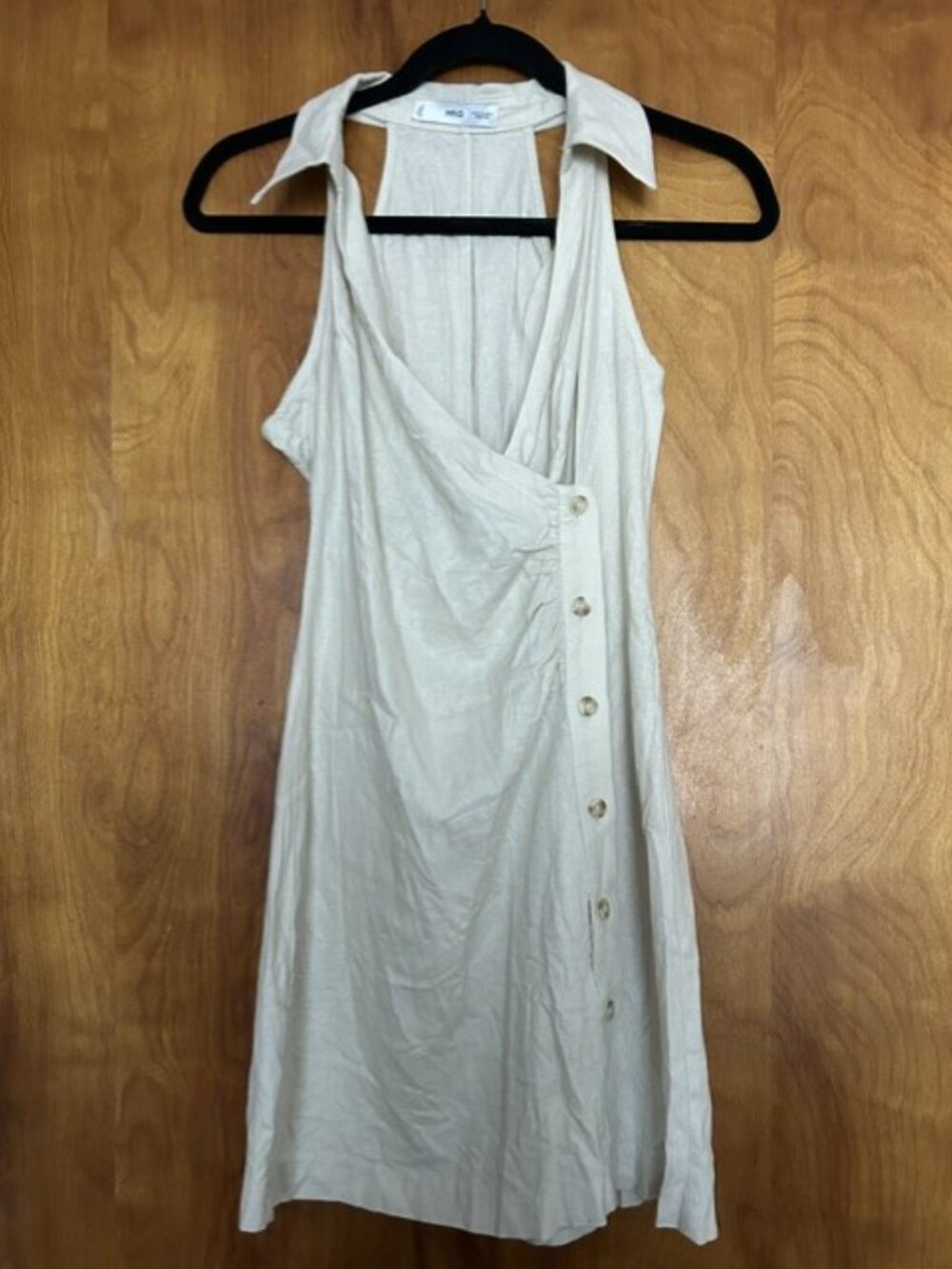 MANGO MNG Beige Wrap Mini Dress XS US 2 Collared Sleeveless - Picture 2 of 6